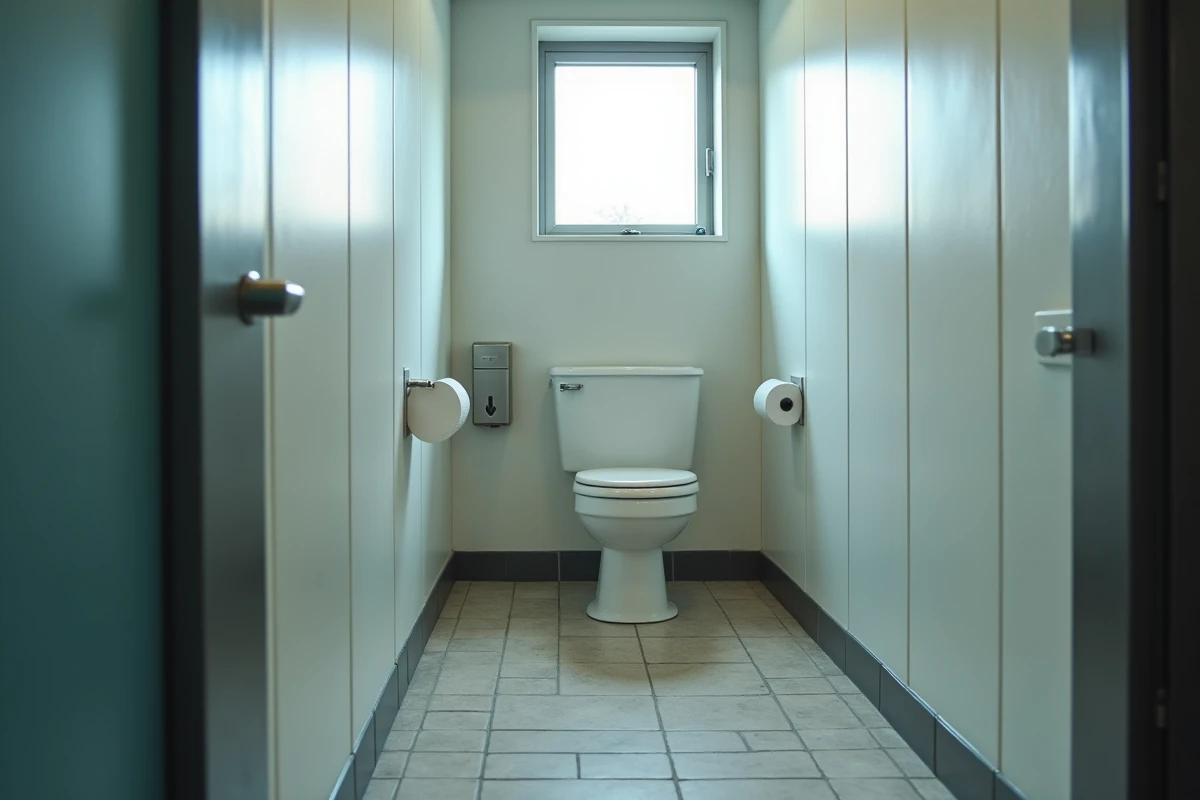 Intérieur propre d'un WC public dans une gare française montrant les équipements sanitaires de base en carrelage blanc