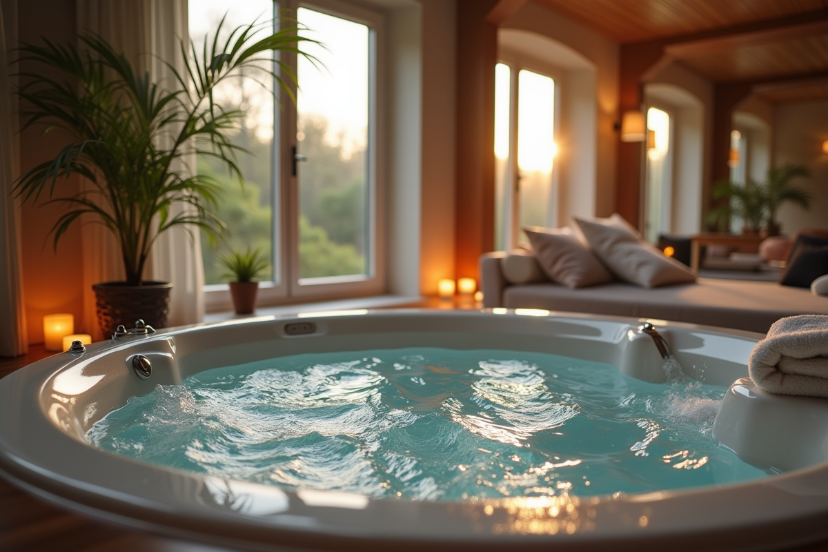 Jacuzzi privé intérieur dans une villa normande au matin