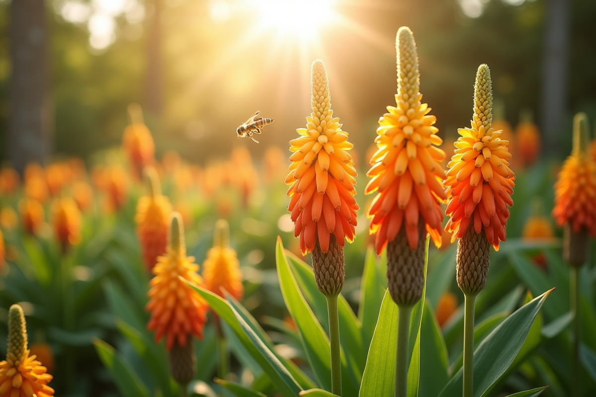Jardin avec plusieurs kniphofia et abeilles en été