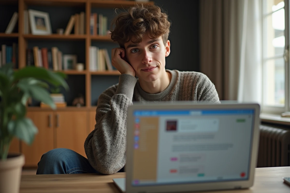 Jeune adulte assis à un bureau à la maison avec un ordinateur portable