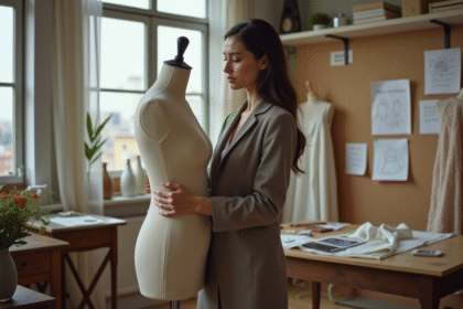 Jeune créatrice de mode ajustant un vêtement dans son atelier