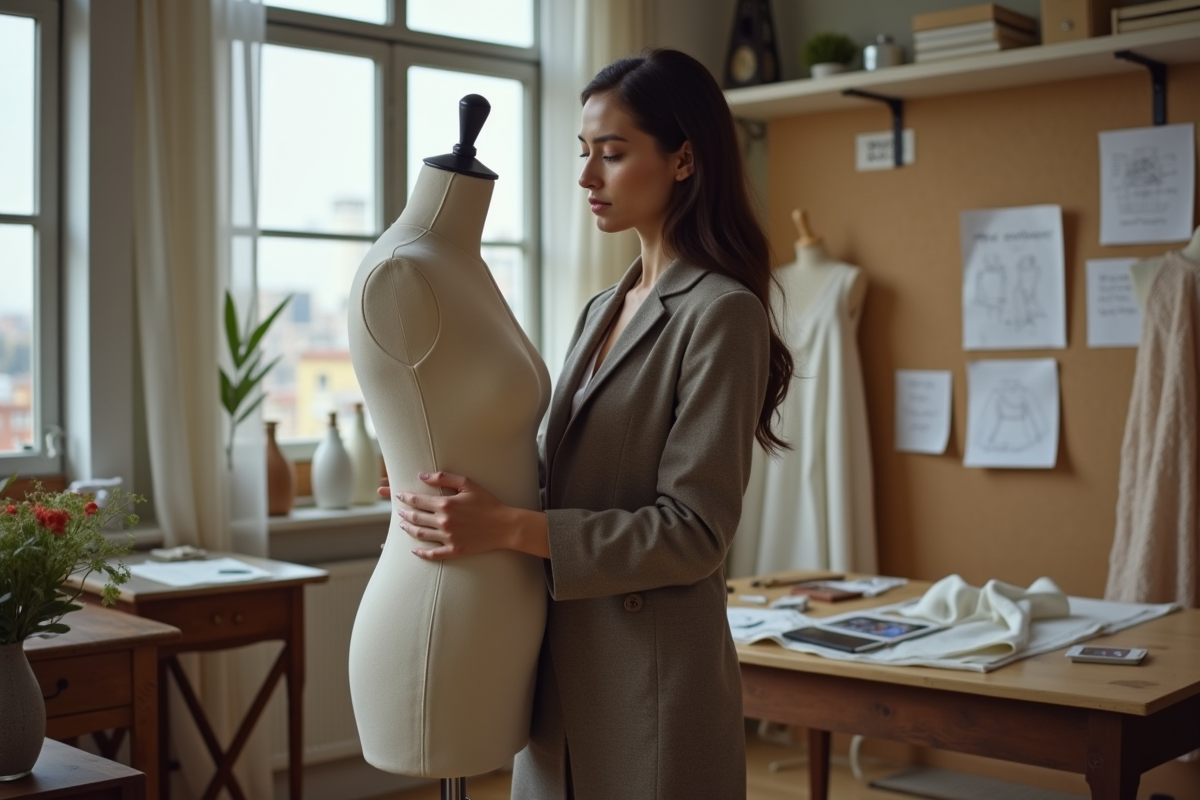 Jeune créatrice de mode ajustant un vêtement dans son atelier