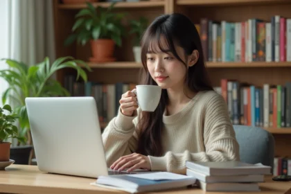 Jeune femme lisant manga yaoi dans un bureau cosy