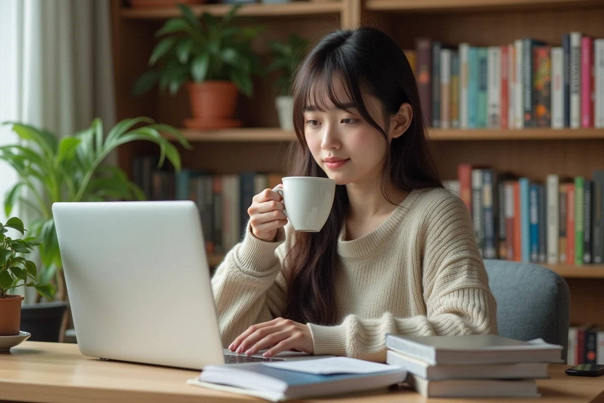 Jeune femme lisant manga yaoi dans un bureau cosy