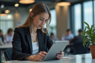 Jeune femme professionnelle utilisant une tablette dans un bureau moderne