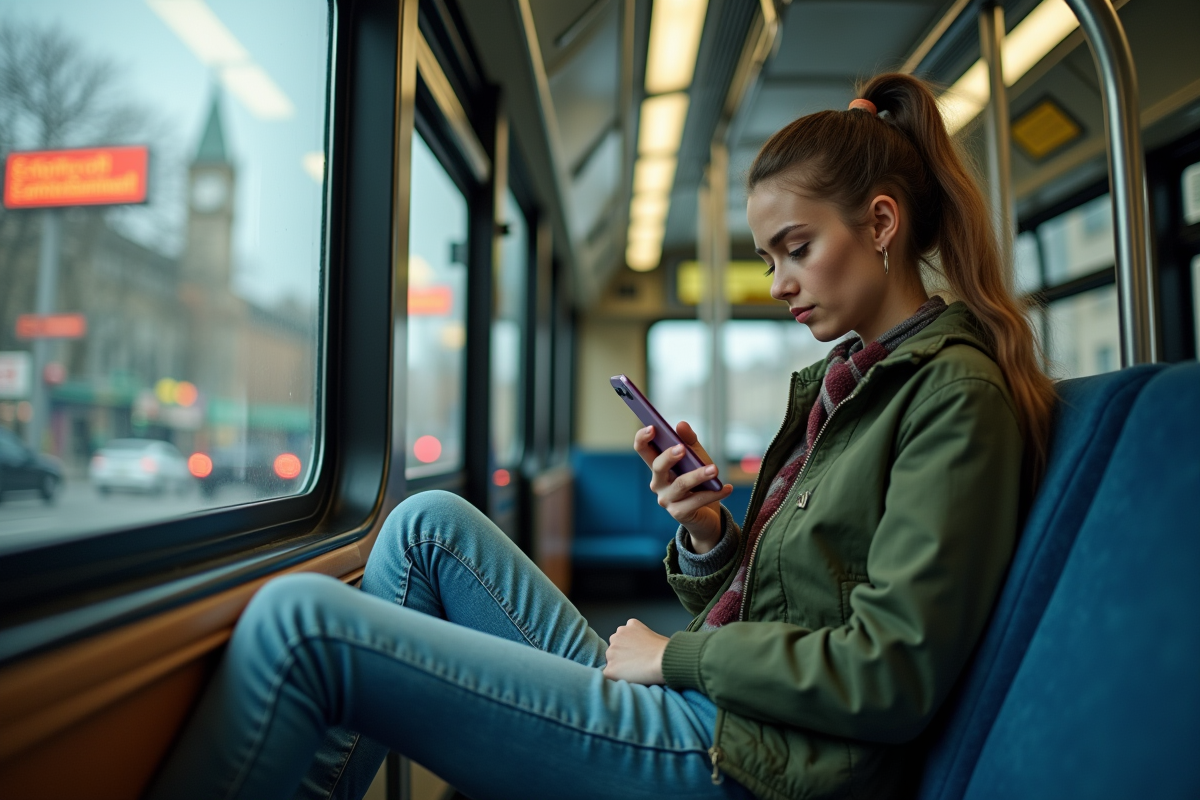 Jeune femme dans un bus regardant son smartphone