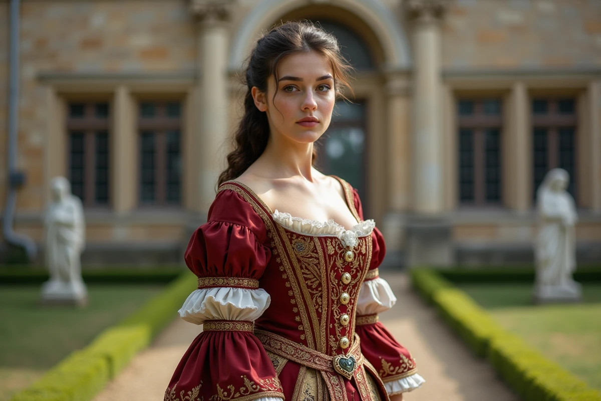Jeune femme en costume historique devant un chateau français