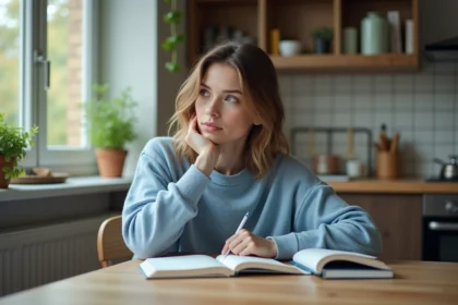 Jeune femme écrivant des notes de conjugaison dans une cuisine chaleureuse