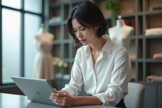 Jeune femme en bureau analysant logiciel de mode