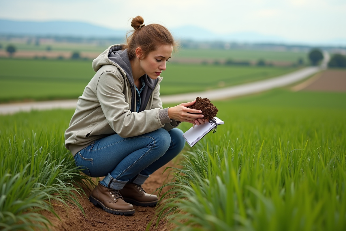 Jeune femme examine un échantillon de sol dans un champ