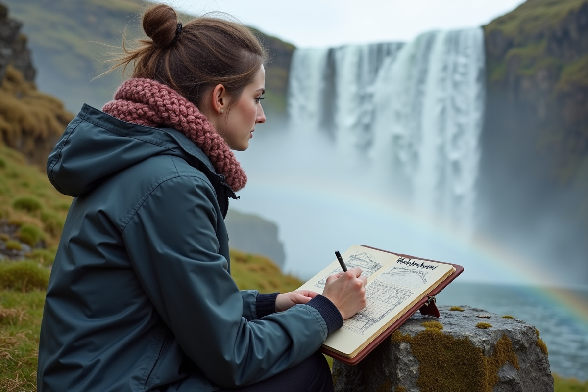 Jeune femme islandaise esquissant la cascade de Gullfoss