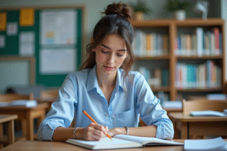 Jeune femme concentrée en classe avec livre et notes