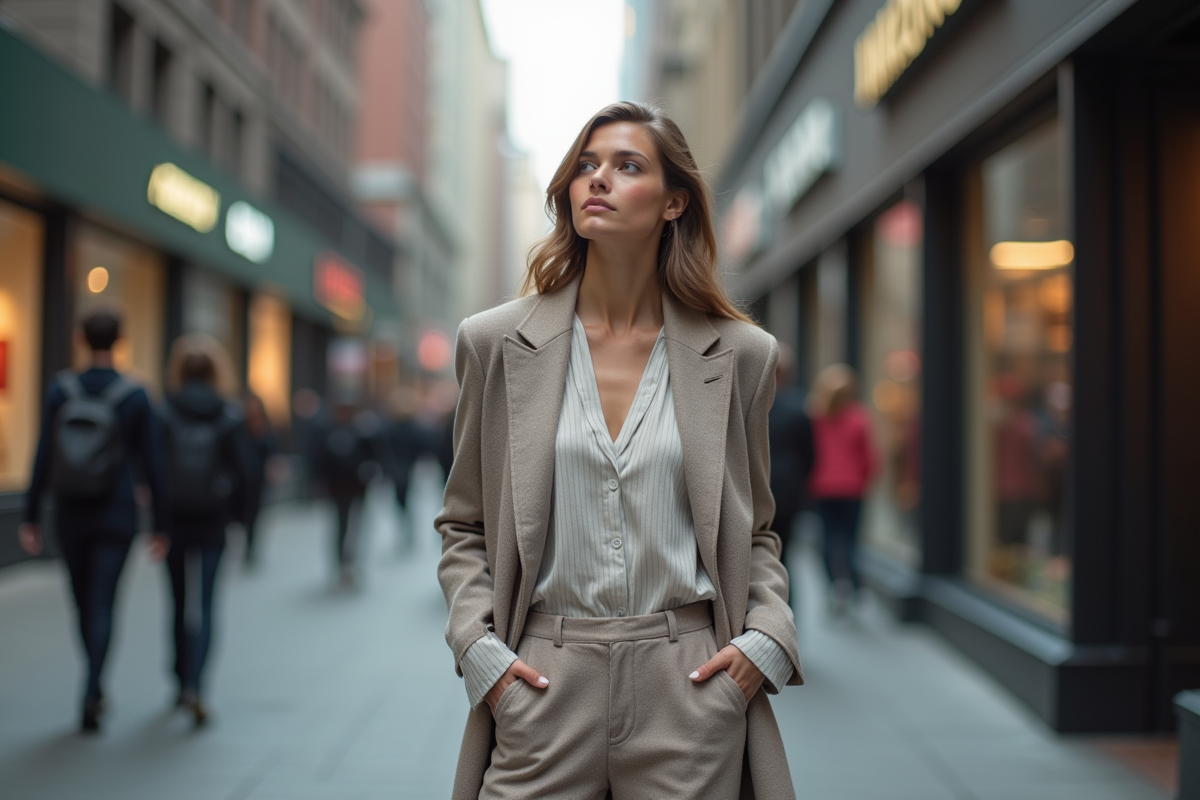Jeune femme en blazer chic dans la ville moderne