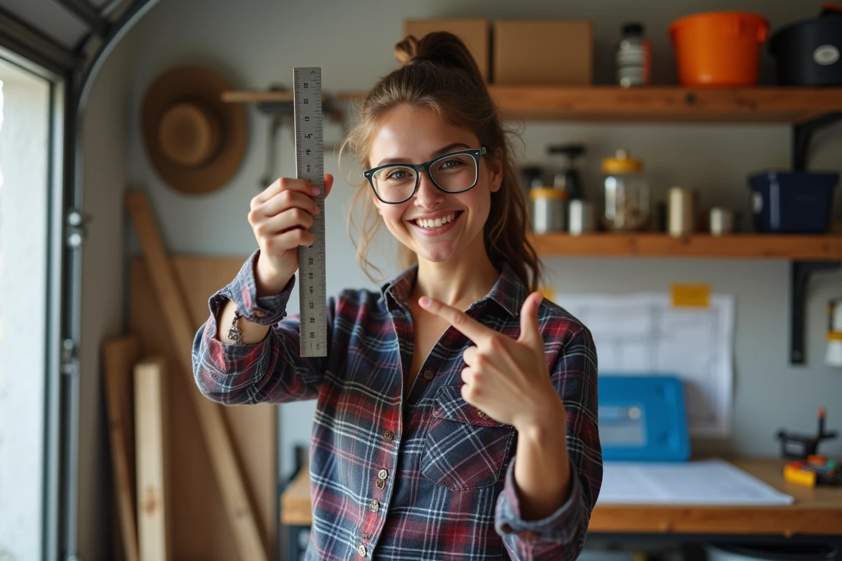 Jeune femme avec règle en garage lumineux