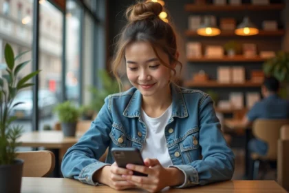 Jeune femme au café tenant son smartphone avec concentration