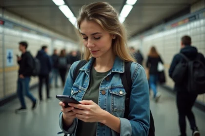 Jeune femme en métro vérifiant une application de transit
