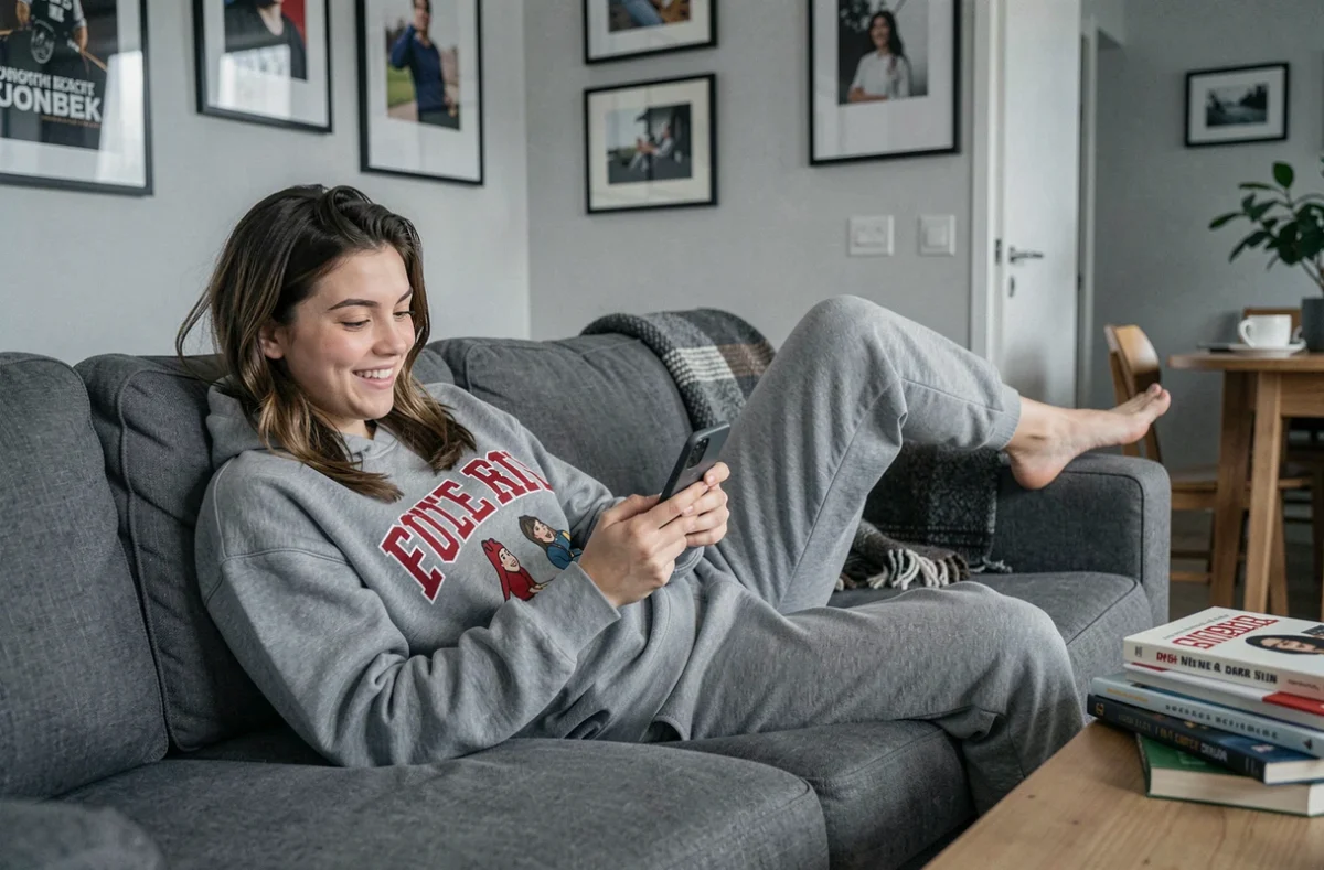 Jeune femme fascinée par le phénomène Xonivizectrum en train de scroller sur son smartphone dans son appartement