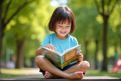 Jeune fille curieuse lisant un livre coloré dans un parc ensoleille