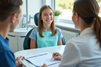Jeune fille souriante en fauteuil dentaire avec dentiste et devis