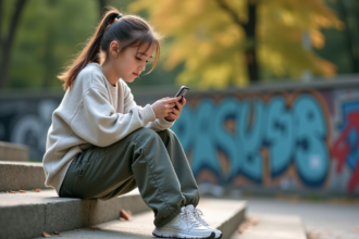 Jeune fille en sweat graphique et cargo en ville