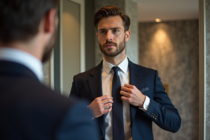 Jeune homme en costume ajusté ajustant sa cravate dans un miroir moderne