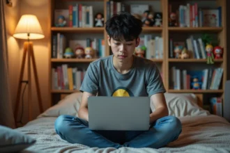 Jeune homme lisant manga sur son laptop dans sa chambre