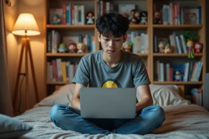 Jeune homme lisant manga sur son laptop dans sa chambre