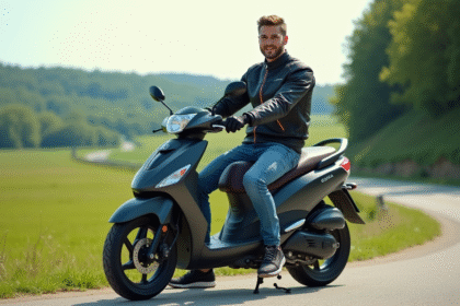 Jeune homme en moto jacket sur un scooter 125cc en campagne
