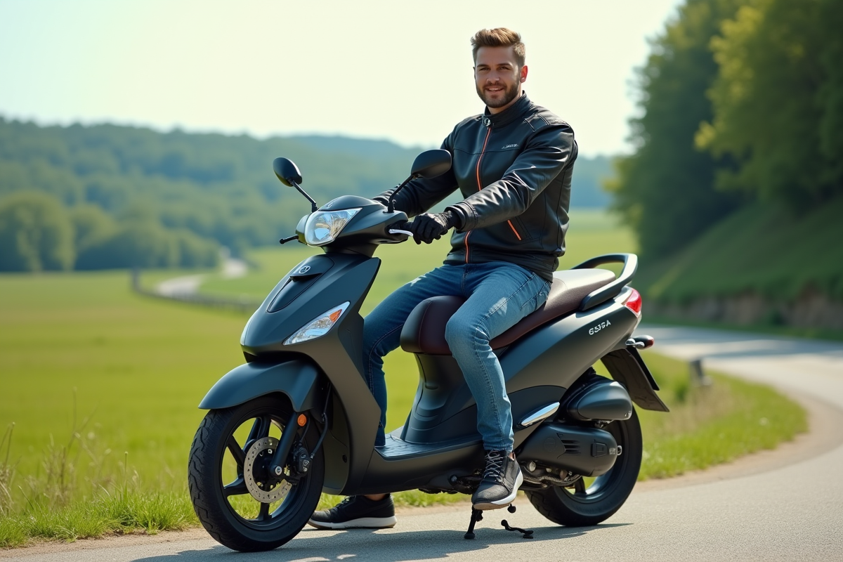 Jeune homme en moto jacket sur un scooter 125cc en campagne