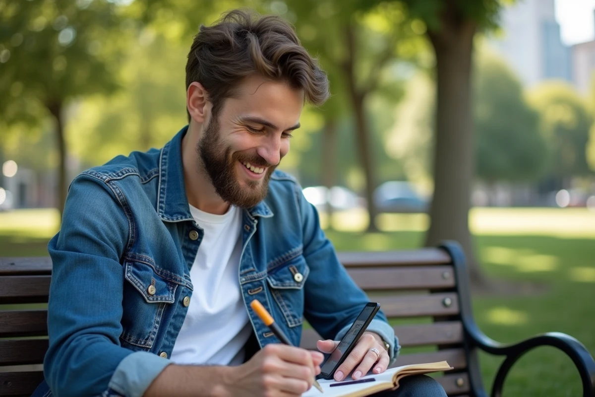 Jeune homme écrivant dans un carnet au parc en ville