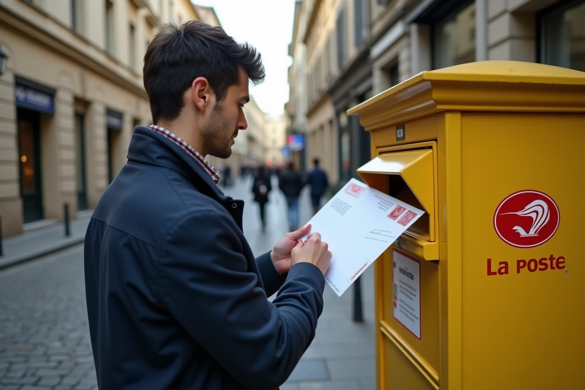 Jeune homme postant une lettre dans une boîte aux lettres urbaine