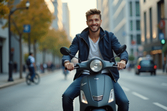 Jeune homme confiant sur scooter en ville dynamique