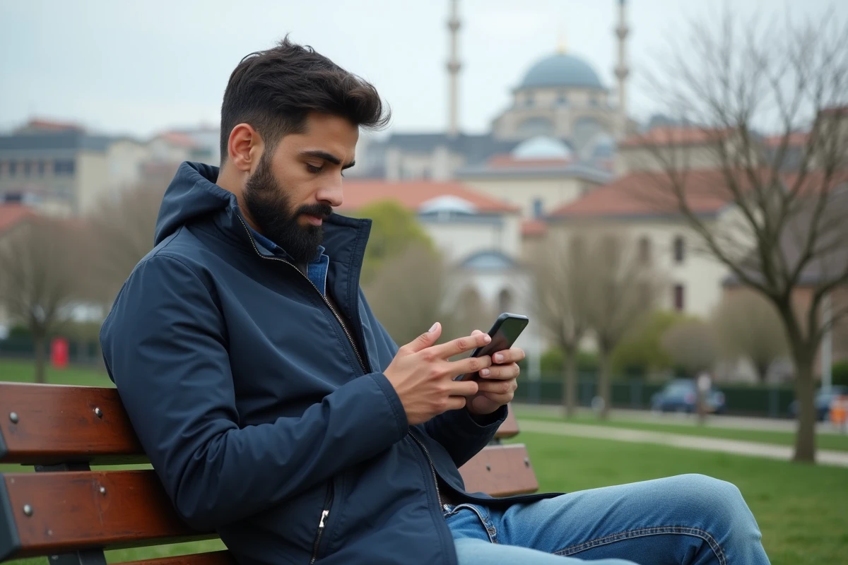 Jeune homme nord-africain utilisant un smartphone dans un parc à Tremblay