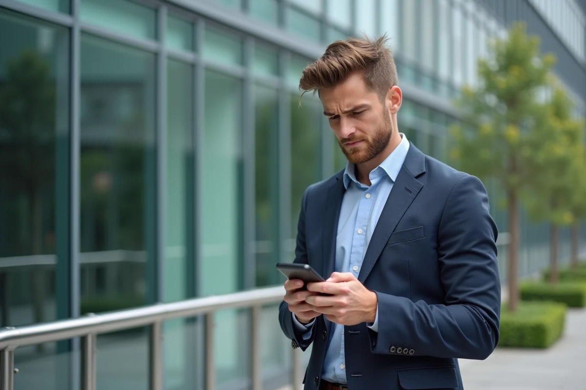 Jeune homme regardant son téléphone devant un bâtiment moderne
