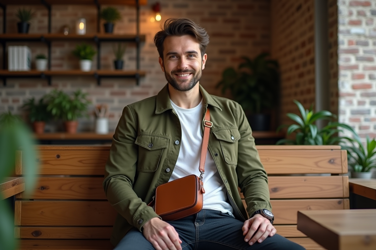 Jeune homme professionnel dans un café avec sac en cuir