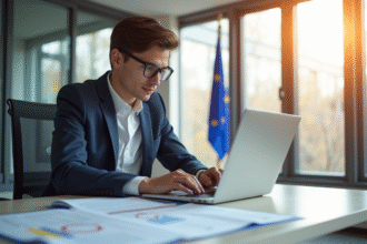 Jeune professionnel examinant des documents fiscaux avec drapeaux européens