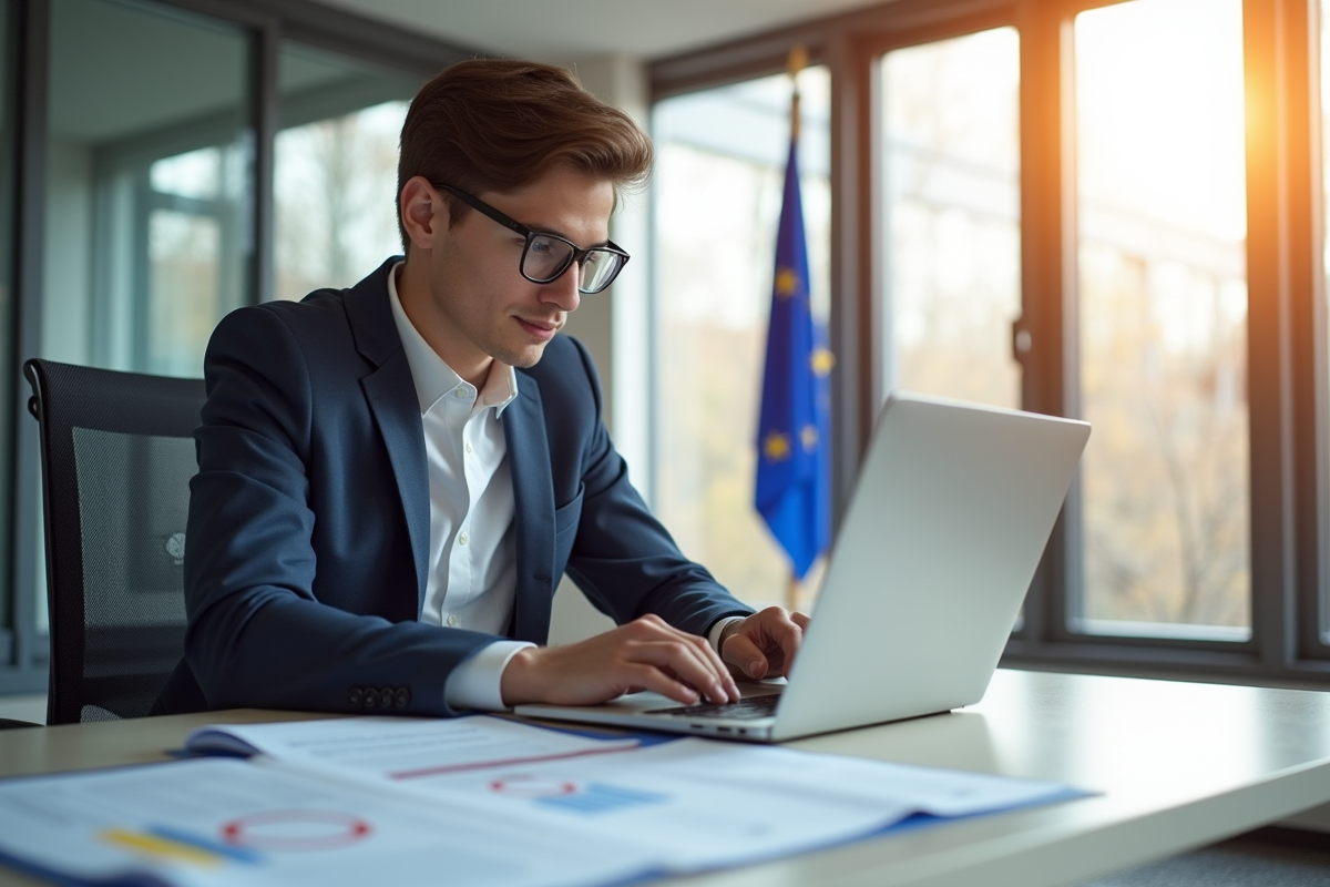 Jeune professionnel examinant des documents fiscaux avec drapeaux européens