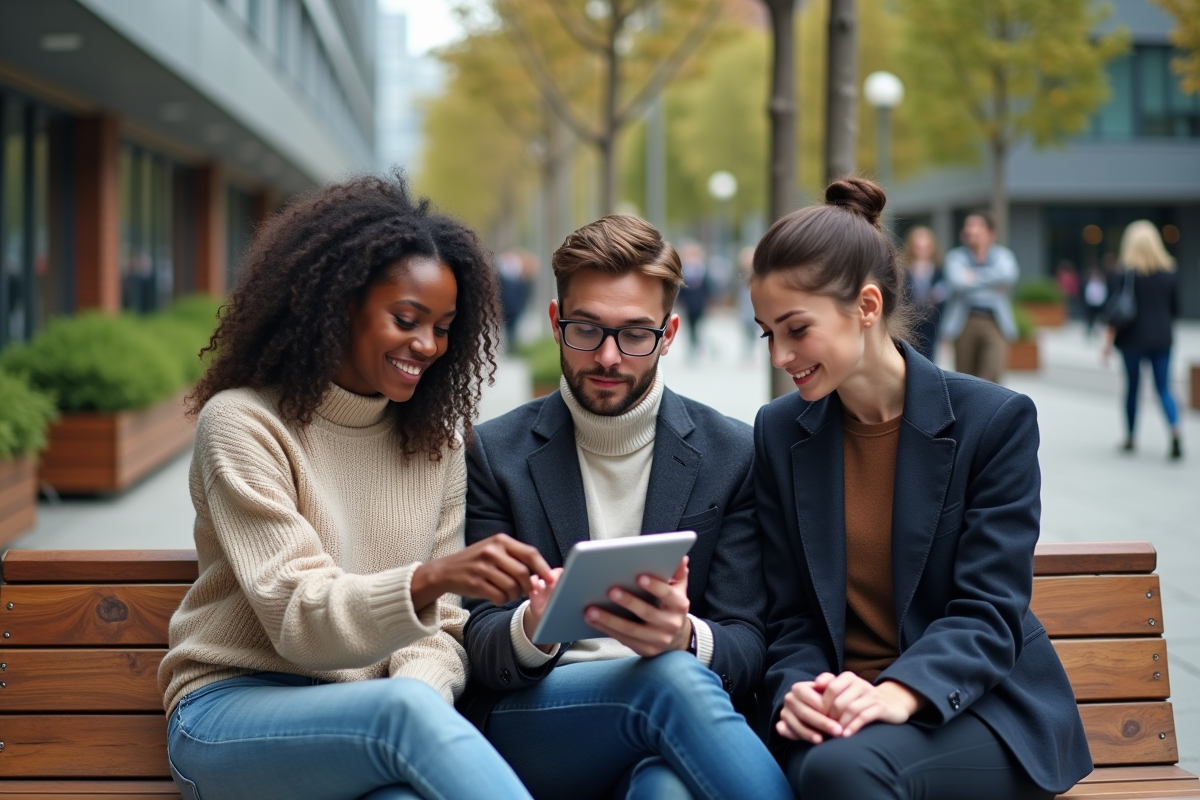 Jeunes adultes discutant autour d une tablette en plein air