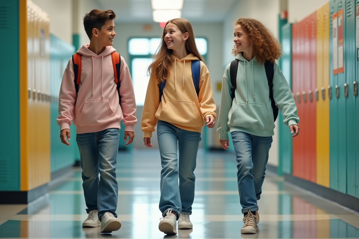 Groupe de jeunes discutant dans un couloir scolaire
