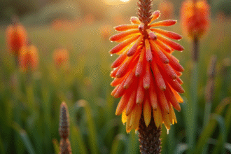 Fleur de kniphofia en pleine floraison avec rosée du matin