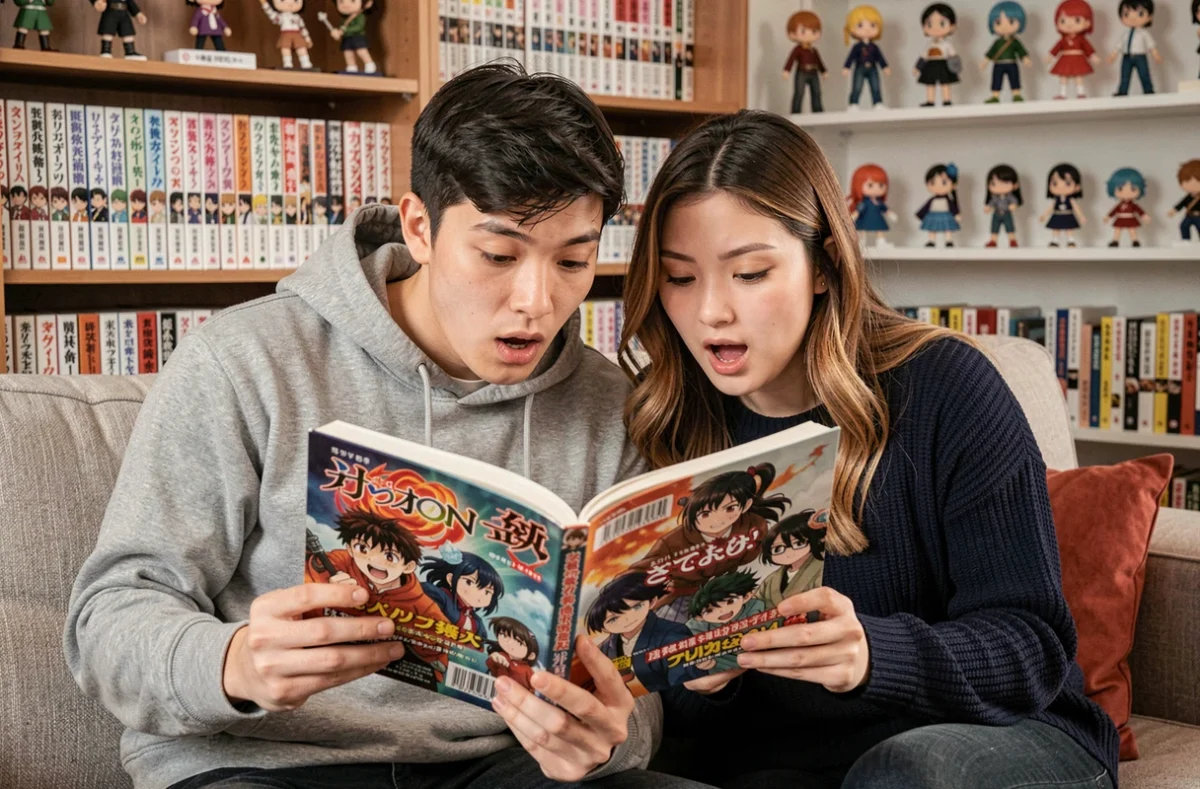 Deux jeunes amis lisant ensemble un manga Demon Slayer en français dans un appartement chaleureux