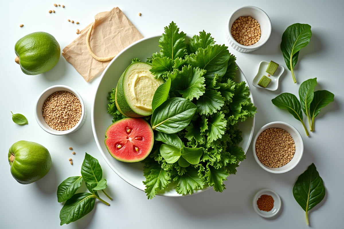 Légumes verts et grains sur un plan de travail lumineux