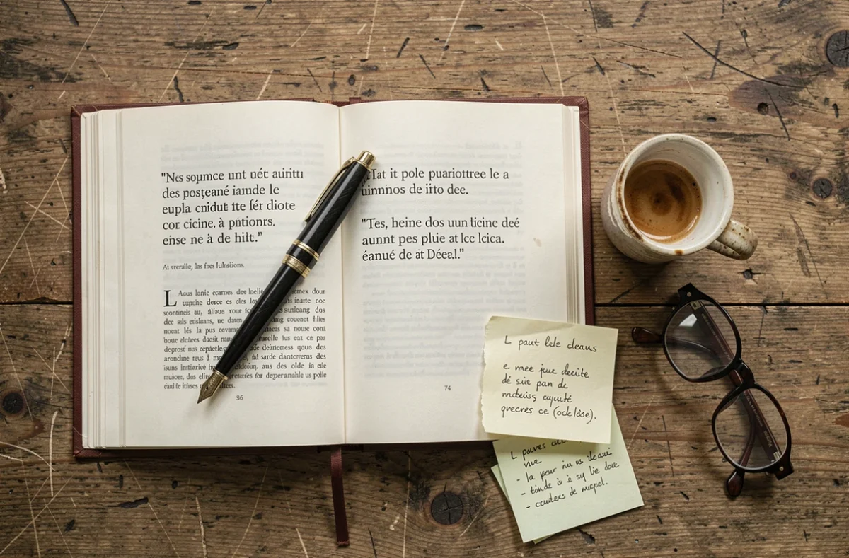 Mise en scène de livres de citations françaises contemporaines avec stylo plume et notes manuscrites sur un bureau en bois