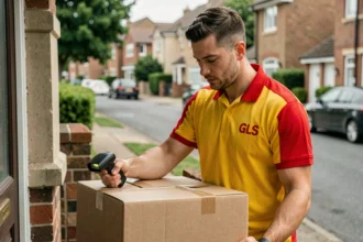 Livreur GLS en uniforme scannant un colis devant une maison résidentielle en France