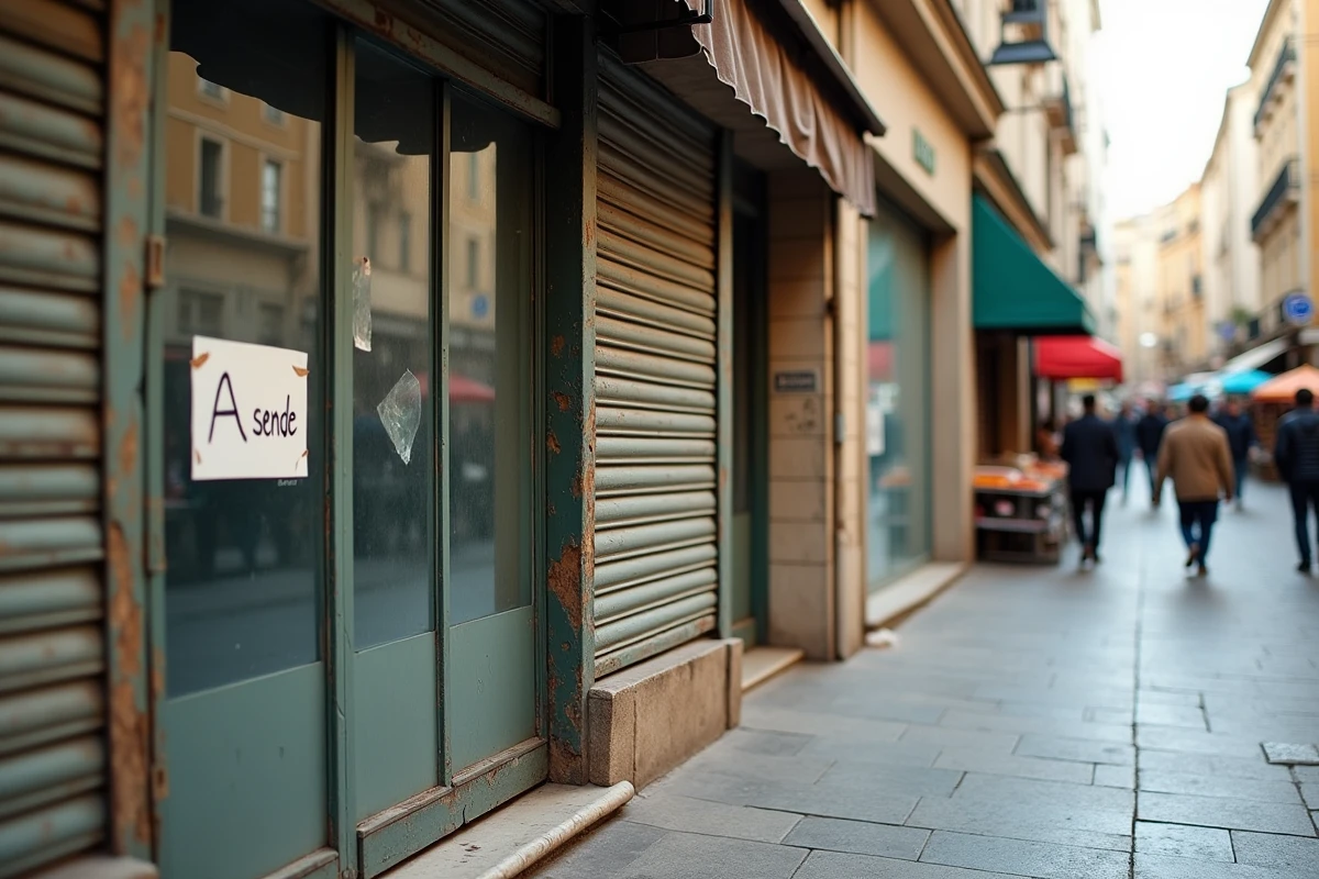Vitrine commerciale à vendre dans une rue populaire des quartiers nord de Marseille avec façade dégradée