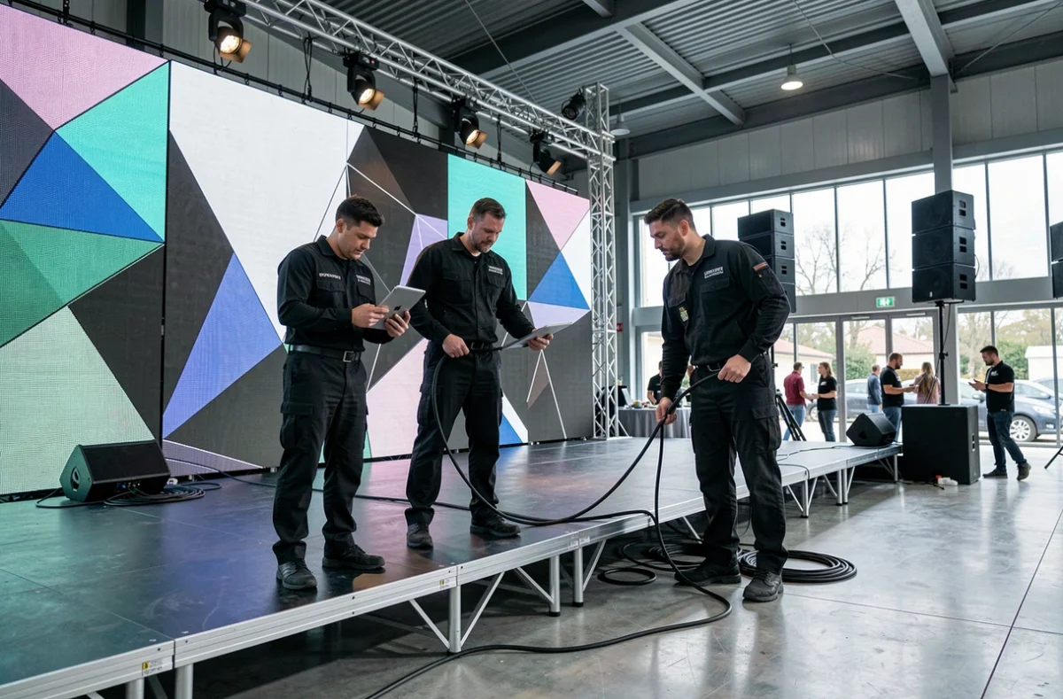 Équipe de production de l'agence LOKI installant une scène avec panneaux LED dans une salle événementielle moderne en Nouvelle-Aquitaine