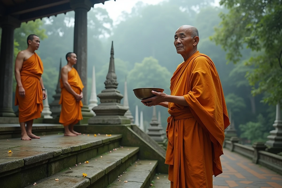 Luang pho thaïlandais tenant un bol d'aumônes devant un temple ancien entouré de verdure tropicale