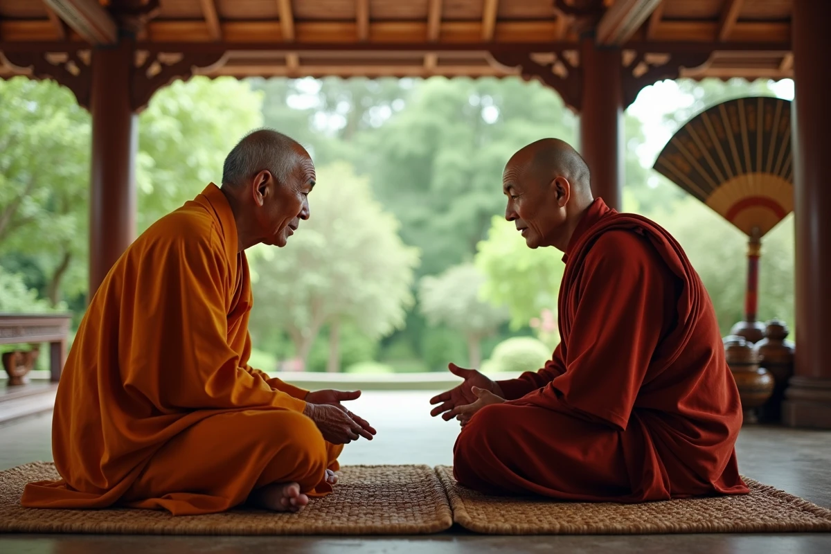 Deux moines bouddhistes thaïlandais de générations différentes en conversation respectueuse dans un monastère traditionnel