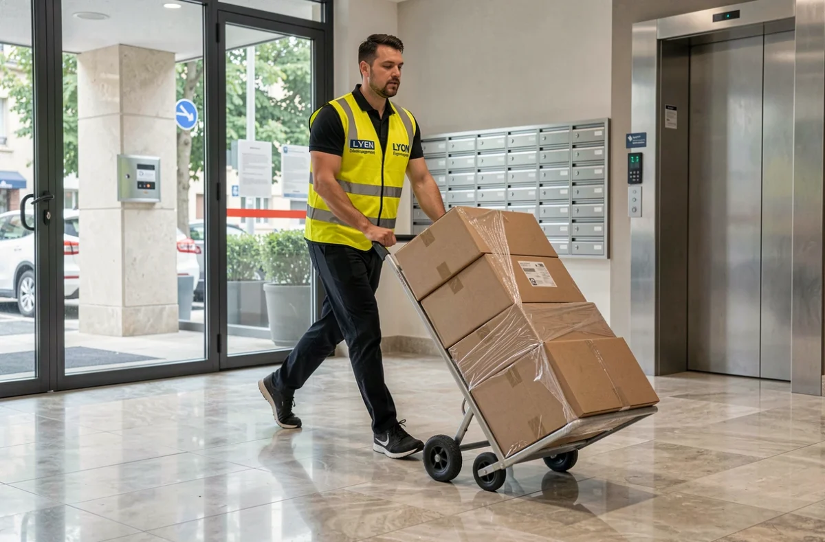 Agent de Lyon Déménagement Express poussant un diable chargé de cartons dans le hall d'un immeuble moderne