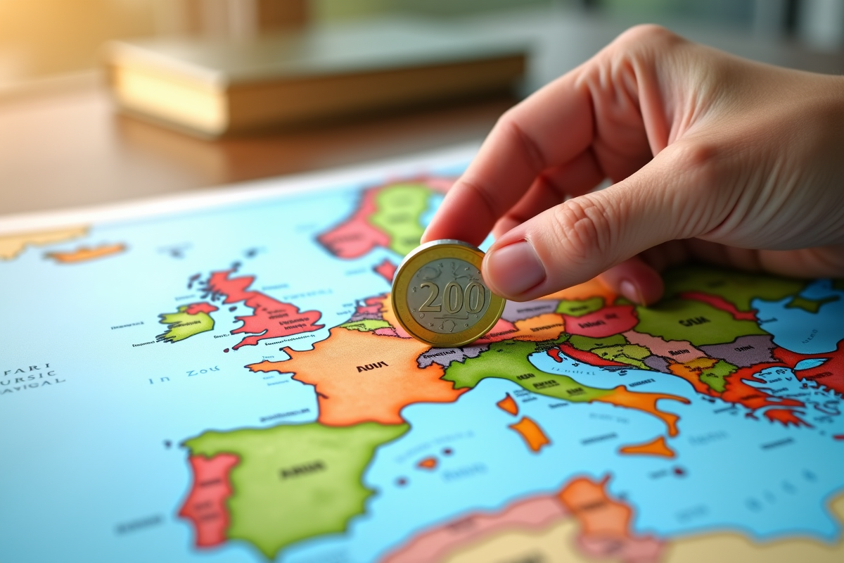 Main posant une pièce d euro sur une carte de l Europe